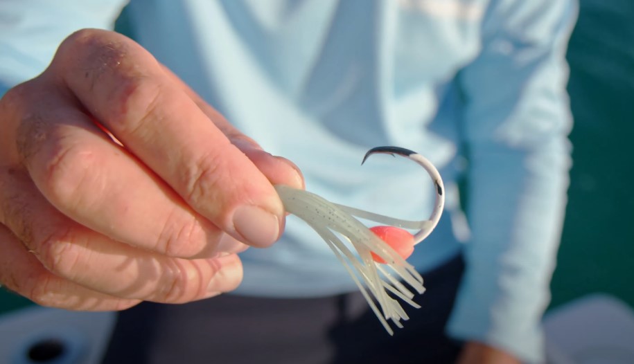 Close-up of a fishing lure being prepared